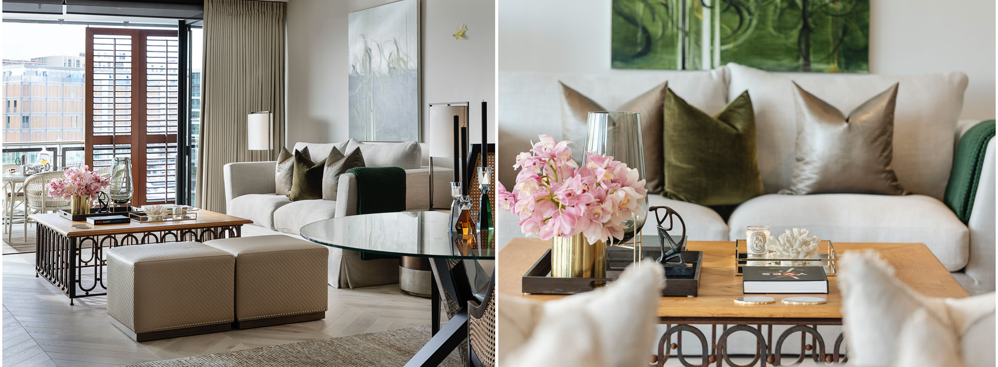 Luxury Lounge Interior, Design, Antique French Coffee Table, Ottomans, Orchids, Silk Rug, Cushions & Art work | Point Residence Styling