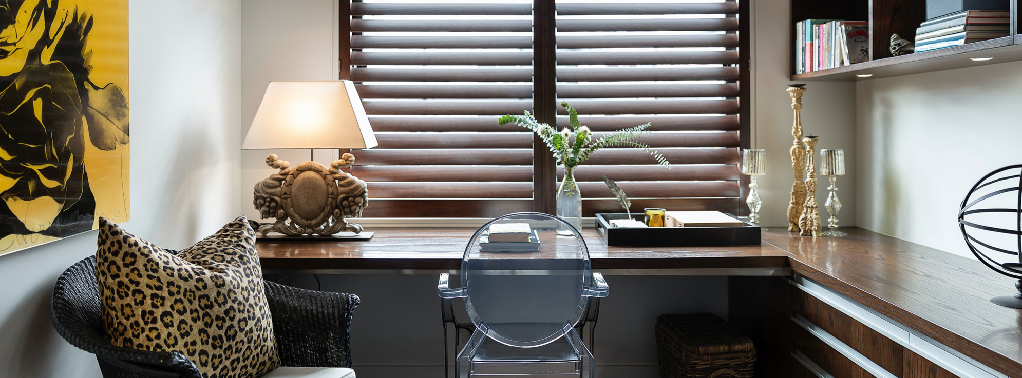 Modern Executive Home Office, Oak Cabinetry, Kartell Ghost & Lloyd Loom Chairs & Table Lamp  | Point Residence Executive Rental